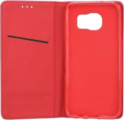 A red flip case for a smartphone, shown open.