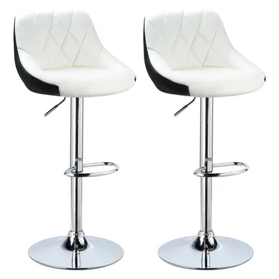 Two white and black bar stools with chrome bases are shown against a white background.