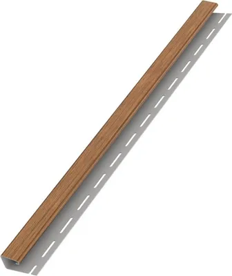 A single piece of brown vinyl siding with a wood grain texture, casting a shadow on a white background.