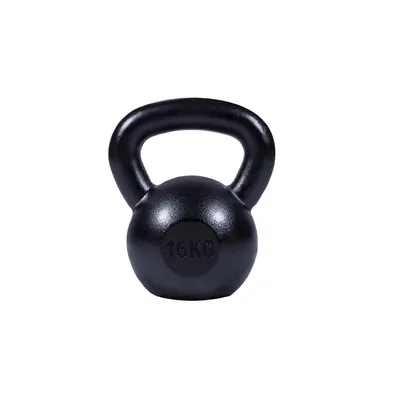 A black kettlebell is shown against a white background.