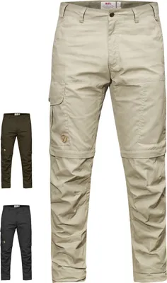 Three pairs of trousers are displayed against a white background. The main pair in the center is beige and appears to be zip-off trousers. Two smaller pairs are shown to the left, one in olive green and one in dark gray.