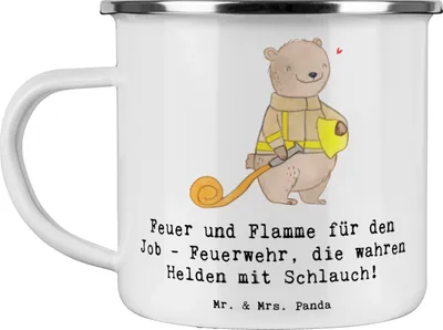 Produktbild von Mr. & Mrs. Panda Teetasse Feuerwehrmann Helden - Weiß - Geschenk, Mut, Emaille Becher, mutige Männer und Frauen, Feuerwehr, Berufe, Beruf, Teebecher, Tasse, Feuerwehrfrau