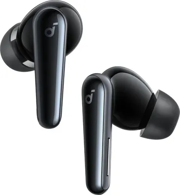 A pair of black wireless earbuds with a metallic sheen, shown against a white background.