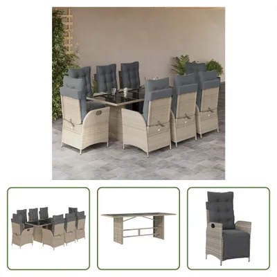 Produktbild von The Living Store 9-tlg. Garten-Essgruppe mit Kissen Hellgrau Poly Rattan