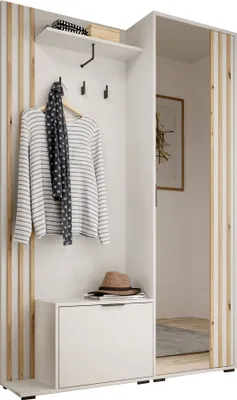 A white and wood-toned entryway cabinet with a mirror, a shelf, coat hooks, and a shoe storage compartment.