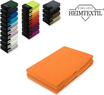 A product image showing stacks of fabric samples in various colors and a folded orange fabric in the foreground, with a brand logo in the upper right corner.