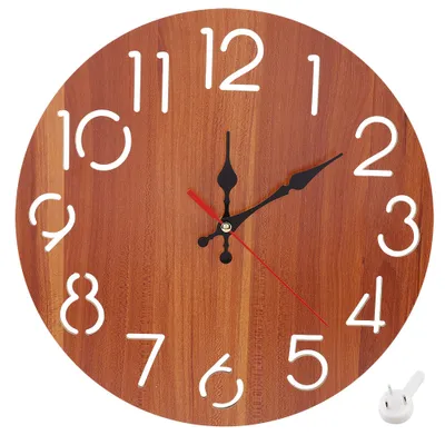 A round wooden wall clock with white numbers and black hands.