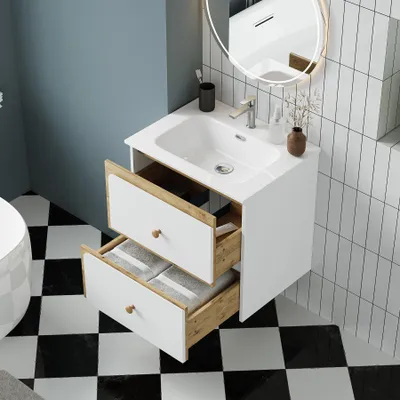 Immagine prodotto di Mobile lavabo, lavabo con vasca in Vetroceramica, mobile da bagno con ante a chiusura ammortizzata, mobile da bagno sospeso in stile moderno, mobile lavabo salvaspazio