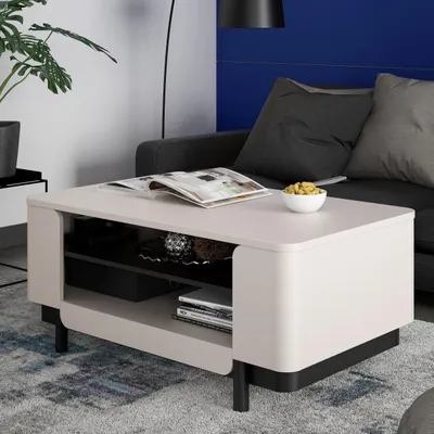 Immagine prodotto di Forte VODOL, tavolino da divano 115, design moderno con vano contenitore, realizzato in legno composito, colore: beige | nero, dimensioni: 115 cm di larghezza x 49,4 cm di altezza x 65,4 cm di profondità