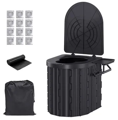 Productafbeelding van Draagbare, inklapbare emmerwc - Campingtoilet - Met deksel - Kunststof - Zwart