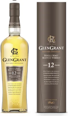 A bottle of Glen Grant 12 Year Old Single Malt Scotch Whisky and its accompanying gift box are displayed side-by-side against a white background.