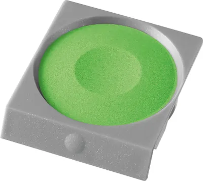 A single pan of green watercolor paint in a gray plastic holder, shown from a slightly elevated angle.