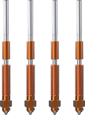 Four identical 3D printer nozzles are arranged in a row against a white background.