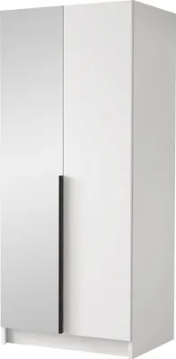 A white wardrobe with a black handle.