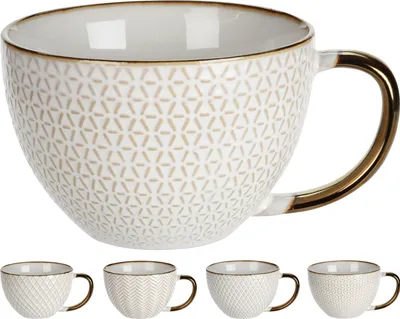 Produktbild von Eleganter Keramikbecher 460ml Weiß und Gold mit geprägtem Design