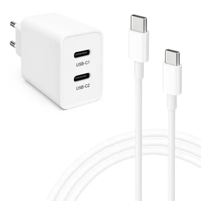 A white USB-C charger with two ports and two white USB-C cables on a white background.