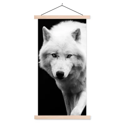 Produktbild von MuchoWow® Textilposter Wolf - Tier - Schwarz - Weiß 60x120 cm mit holzfarbenen Rahmen - Holz