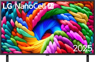 A television screen displaying a colorful, abstract image with text overlays.