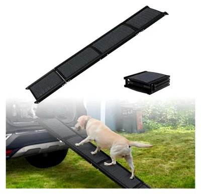 Produktbild von Klappbare Hunderampe für Autos und SUVs, Aluminium Hundetreppe 157x43 cm, Tragbare Sicherheitstrampe mit rutschfester Oberfläche, Hundeautorampe bis 110 kg