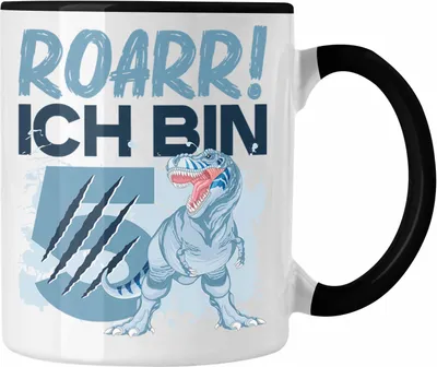 Produktbild von Trendation - Roarr Ich Bin 5 Geschenk 5er Geburtstag Geschenkidee Jungs Dinosaurier Tasse Becher T-rex (Schwarz)