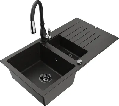 Produktbild von Mexen Matias 1,5-Becken-Granitspüle mit Abtropffläche und Mischbatterie Savita, Schwarz/Gold - 6502-75-672601-70-B