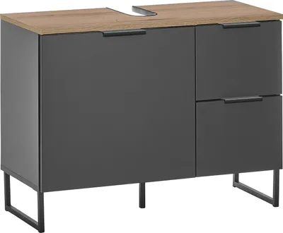 Produktbild von Waschbeckenunterschrank >Denver< 1 Tür, 2 Schübe, schwarz matt / evoke eiche Nachbildung - 80x60x35 (BxHxT)
