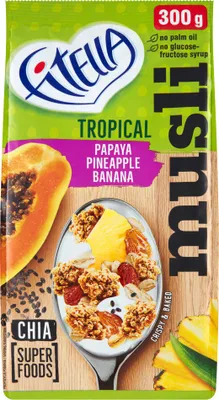 Obrázek produktu pro Fitella Tropical Křupavé müsli s papájou, ananasem, banánem a chia semínky 300 G