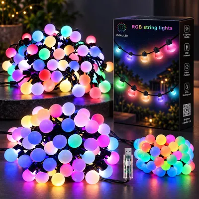 Produktbild von 10 Meter, 50 LED, Kugellichterkette, Weihnachtsbeleuchtung, Bluetooth, intelligente Lichterketten, Weihnachtsdekoration, Musiksynchronisation, IP65, wasserdicht, USB, Partydekoration, KI-generiertes Bild