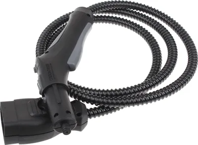 A black and gray steam hose with a handle and connector.