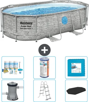 Produktbild von Bestway Oval Power Steel Swim Vista Swimmingpool – Steindruck – 427 x 250 x 100 – inklusive Pumpe – Leiter – Abdeckung Wartungspaket - Filter - Bodenfliesen