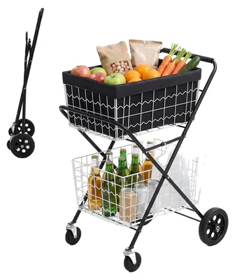 Zdjęcie produktu dla Wózek zakupowy VEVOR, dwup poziomowy, składany, z nośnością 40 kg, stalowa konstrukcja, pojemność 64 litry, wyposażony w 2 zdejmowane kosze na zakupy oraz 4 koła. Wózek 2-w-1 do użytku w domu, supermarkecie i magazynie
