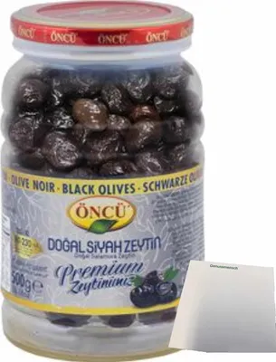 Produktbild von Öncü Schwarze Oliven Kaliber 2XL-XL (500g PET-Dose) + usy Block