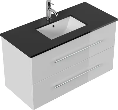 Produktbild von Badmöbel Ely 100 schwarzes Quarz SoftClose weiss hochglanz : Weiss hochglanz / Quarz schwarz Varianten: Weiss hochglanz / Quarz schwarz