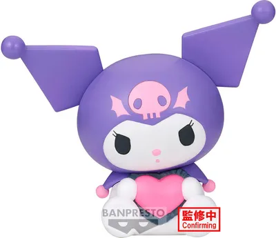 A figurine of the Sanrio character Kuromi, holding a pink heart.