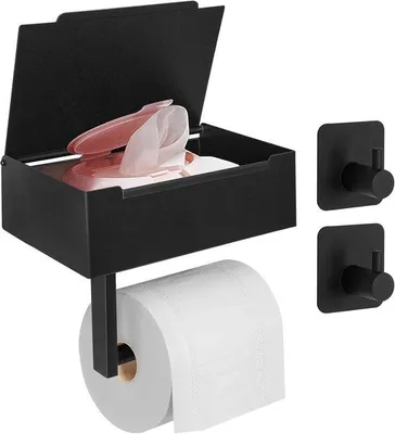 Obrázek produktu pro Držák toaletního papíru - Černý - 20 x 12,7 x 6,5 cm - Nerezová ocel, nástěnný držák, instalace bez vrtání - Pro koupelnu