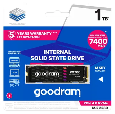 Imagen del producto de Goodram PX700, SSDPR-PX700-01T-80, Disco de estado sólido interno M.2, 1 TB, PCI Express 4.0, NVMe, tecnología 3D NAND