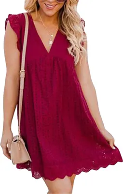 Produktbild von ASKSA Damen Elegant Rüschen Kleider Integriertem Shorts Sommer V-Ausschnitt Minikleid Kleid mit Taschen, Rot, L