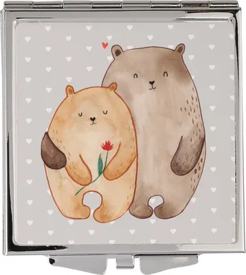 Produktbild von Mr. & Mrs. Panda Handspiegel Bären Liebe - Grau Pastell - Geschenk, Hochzeitstag, Schminkspiegel, Freundin, Kosmetikspiegel, Klappbarer Spiegel, Umarmung, Taschenspiegel