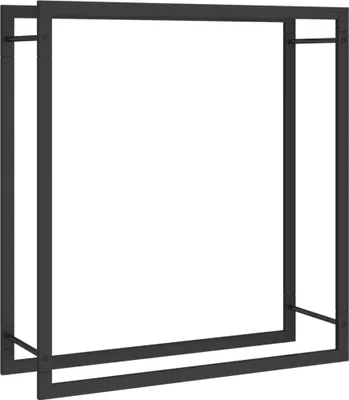 A black metal firewood rack shown against a white background.