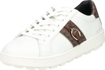 A white sneaker with brown accents is shown against a white background.