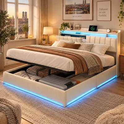 Immagine prodotto di Letto imbottito 140x200 cm con contenitore, letto matrimoniale con illuminazione LED, poggiatesta con spazio contenitivo e prese USB, letto a molle con rete a listelli, rivestito in velluto, color beige (senza materasso)