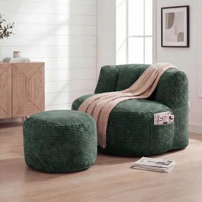 Obrázek produktu pro (Tmavě zelená) Plyšové flanelové křeslo s kulatým podnožním taburetem, set s podlahovým sedacím nábytkem, pohodlné relaxační křeslo do obývacího pokoje a ložnice