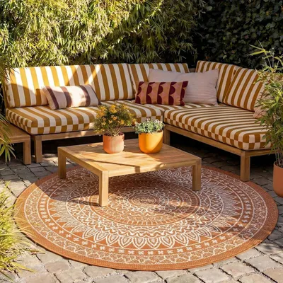 Produktbild von Runder Teppich für Innen- und Außenbereiche – Summer Azteca Terracotta – Ø 180 cm | Wetterfest – Synthetik aus Polypropylen – für Balkon, Garten und Terrasse