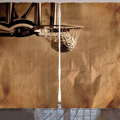 Produktbild von ARANDE Basketball Gardine, Ball im Netz auf zerknittertem Papier-Art-Hintergrund, der Sport-Wettbewerbs-Druck zählt, 280 x 175 cm, Sepia