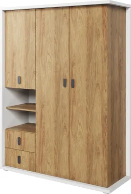 Produktbild von MINIO go for it, Kleiderschrank, "SIMI", Drehtürenschrank, 150cm, 3 Türen, 2 Schubladen, Weiße / Natural Hikora Farbe