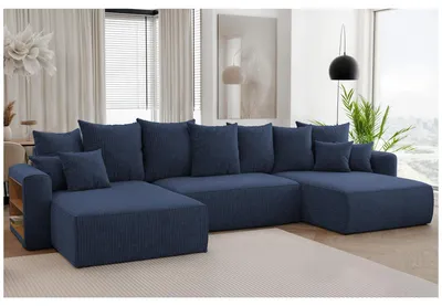 Produktbild von MEBLINI Schlafcouch mit Bettkasten - 350x160x78cm - Blau Cordstoff - NAPLES - Ecksofa mit Schlaffunktion - Sofa mit Relaxfunktion und Kopfstützen - Couch U-Form - Eckcouch - Wohnlandschaft