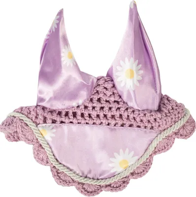 A close-up studio shot of a horse fly bonnet with a daisy print.