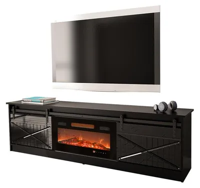 Produktbild von Mirjan24 TV-Lowboard Granero mit Elektrischem Kamin, Stilvoll TV Schrank, Realistische LED-Flamme (Farbe: Schwarz / Schwarz Hochglanz, mit Kamin Schwarz)