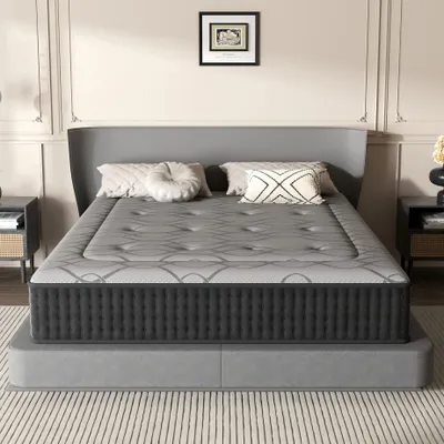 A mattress on a bed frame in a bedroom setting.