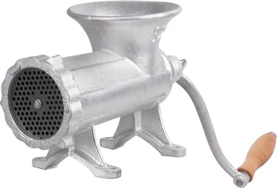 A silver manual meat grinder with a wooden handle, shown from a side angle against a white background.